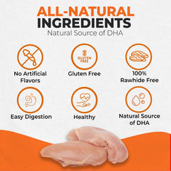Canine Naturals label shows 100% rawhide-free claim and ingredients.