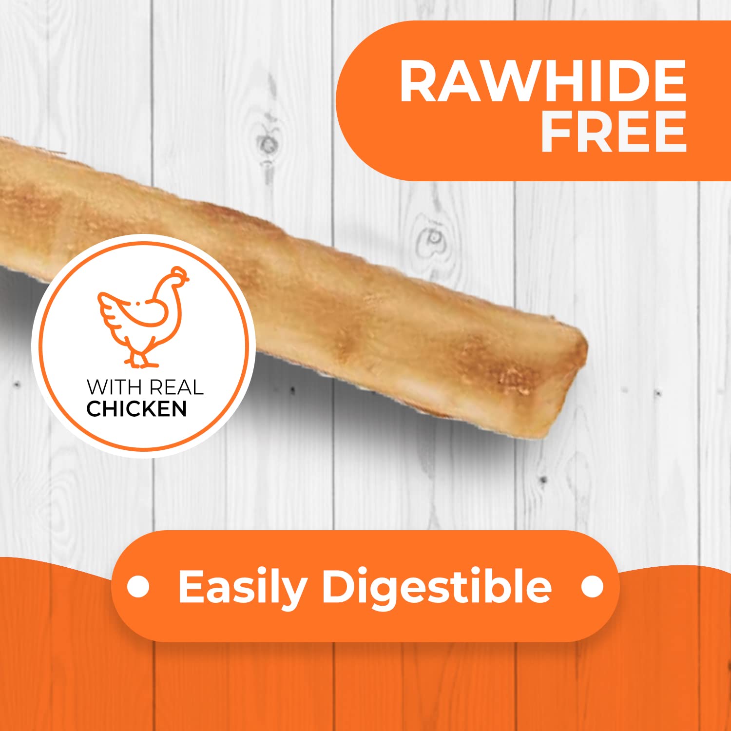 Canine Naturals 100% rawhide free label on packaging promoting safe chewing.