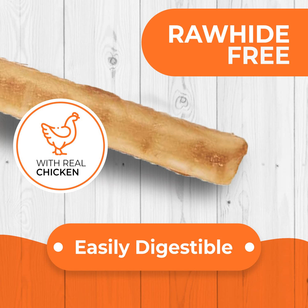 Canine Naturals 100% rawhide free label on packaging promoting safe chewing.