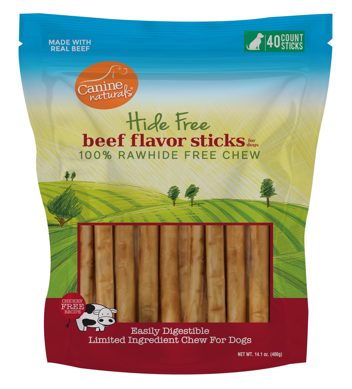 Canine Naturals beef chew 5-inch stick unwrapped, showing real beef texture for long-lasting chewing.
