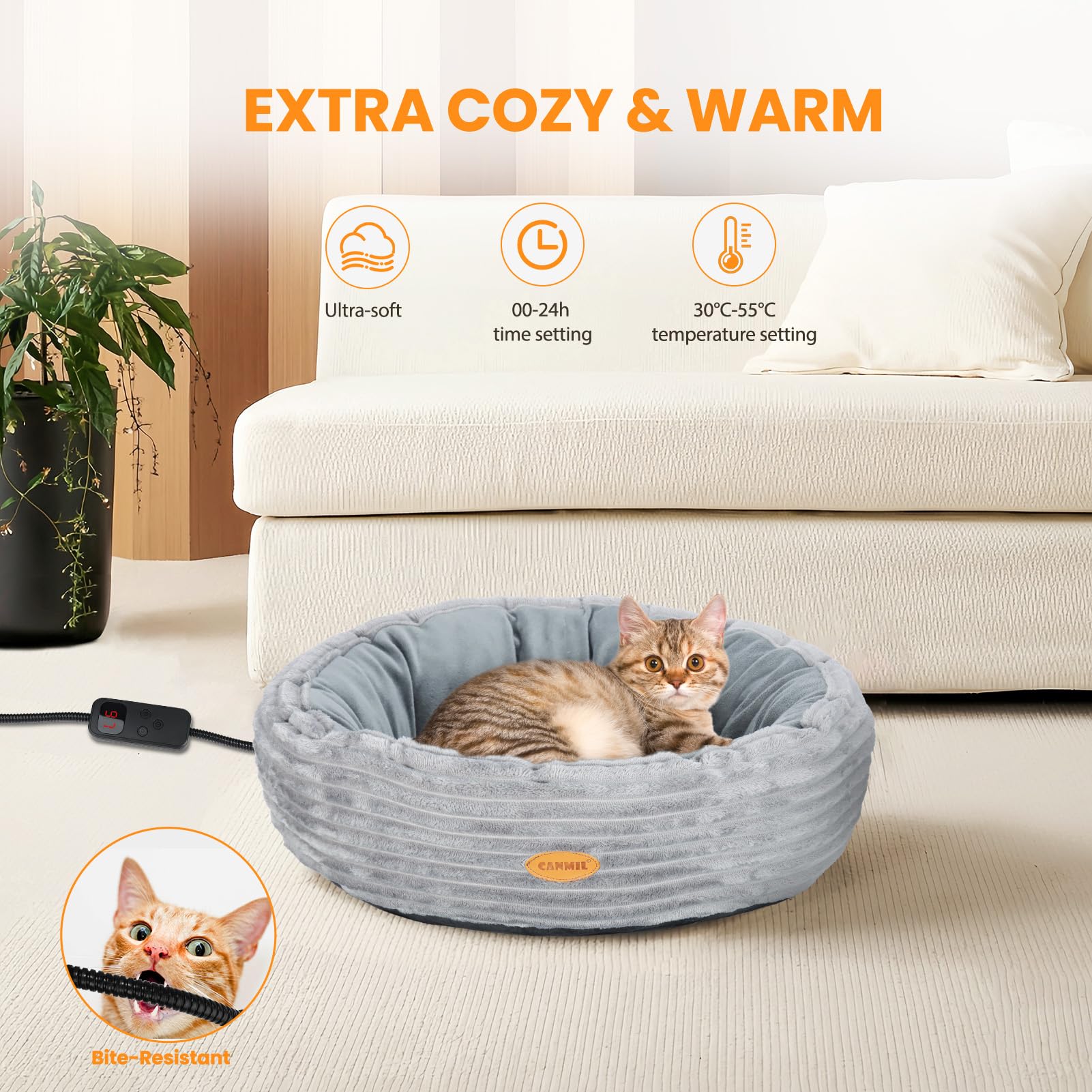 CANMIL heated cat bed round donut shape provides secure nesting and comfort
