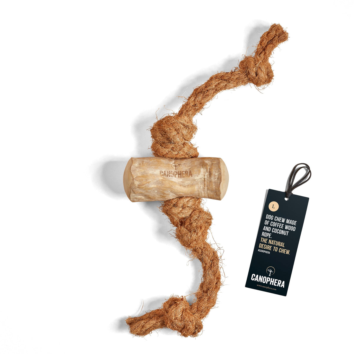 Canophera dog chew with coffee wood and coconut rope for natural dental care.