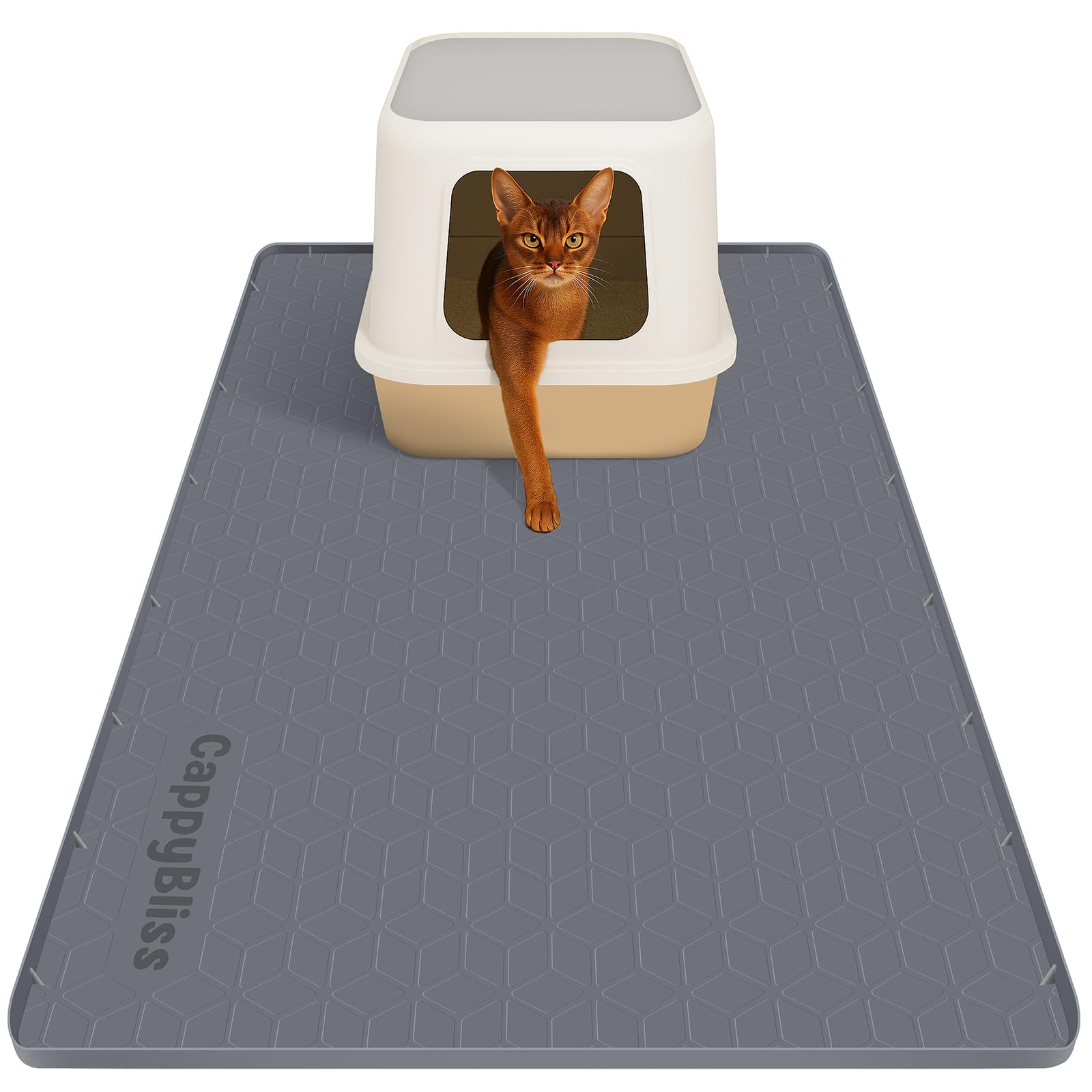CappyBliss large cat mat under litter box captures litter for a cleaner floor.