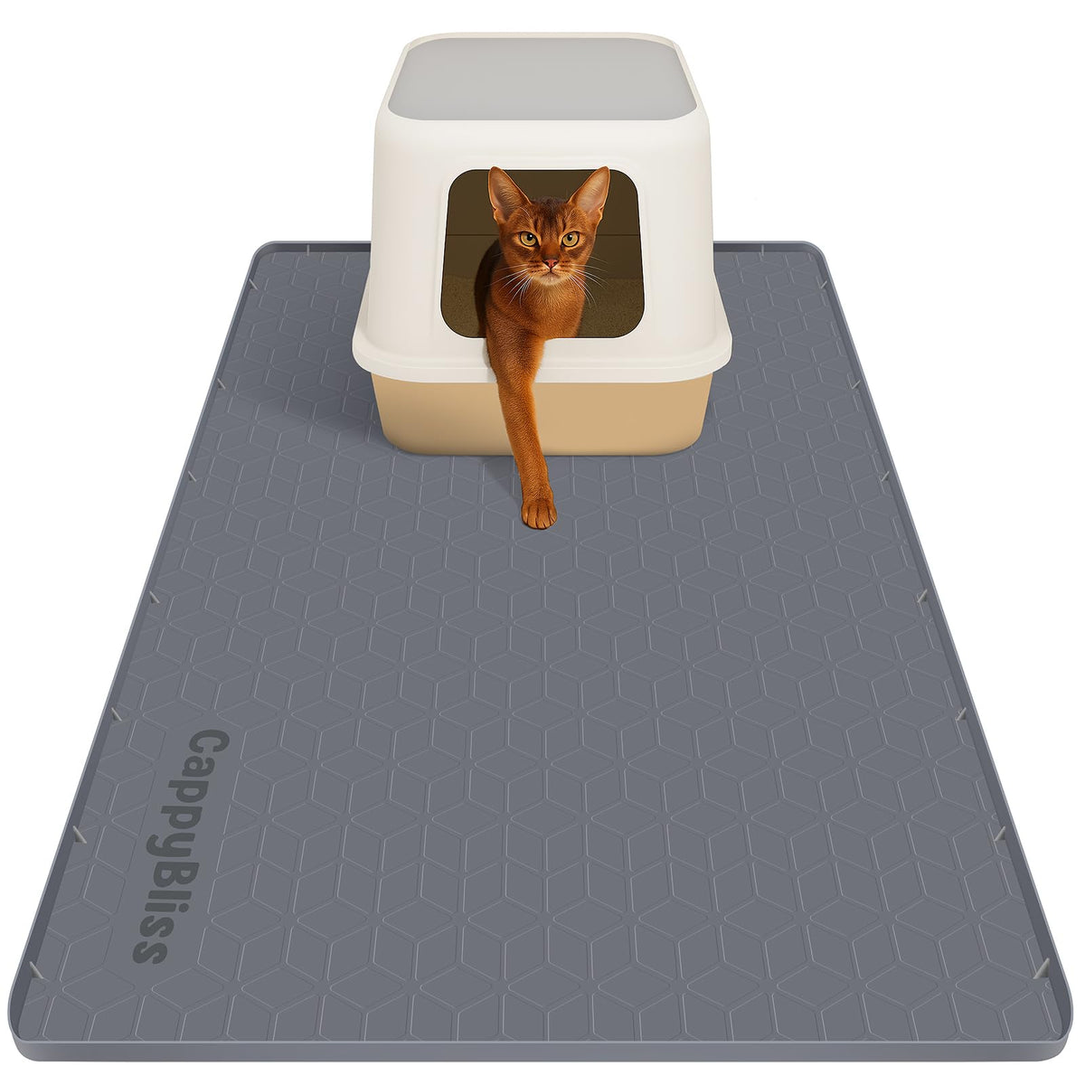 CappyBliss large cat mat under litter box captures litter for a cleaner floor.