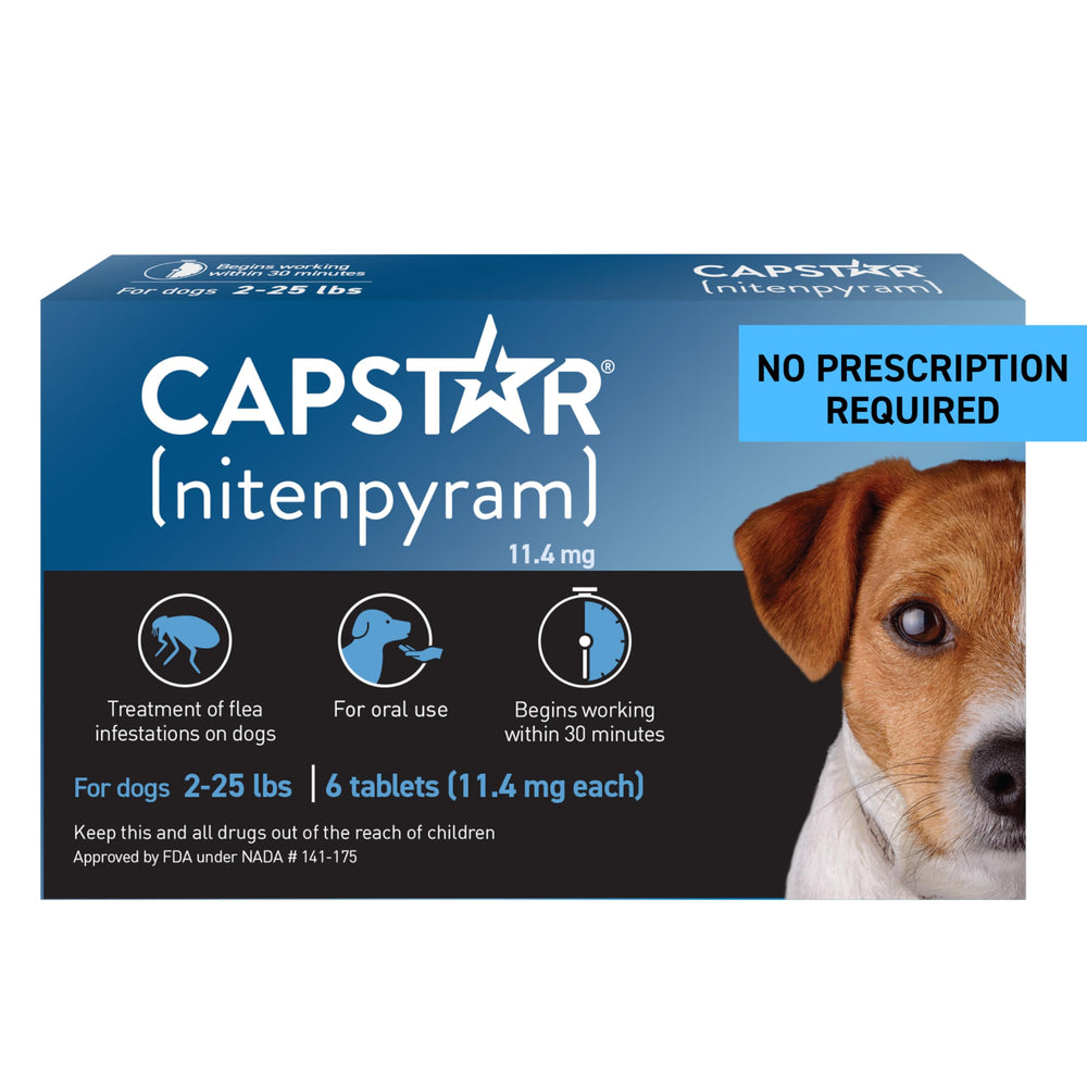 Capstar fast-acting flea tablet for dogs 2-25 lbs showing quick flea kill.