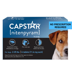 Capstar fast-acting flea tablet for dogs 2-25 lbs showing quick flea kill.