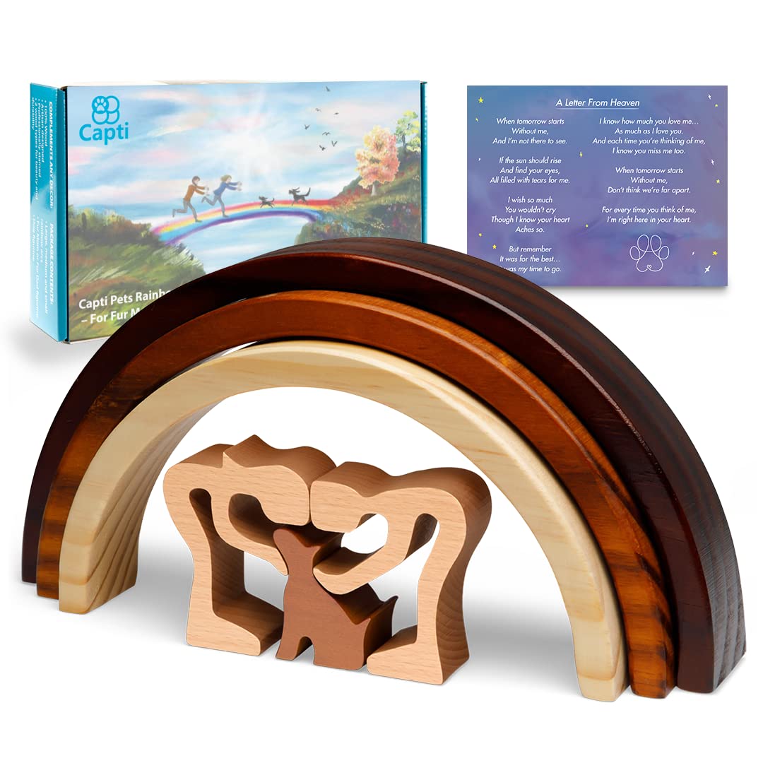 Capti Rainbow Bridge dog memorial wooden gift, a heartfelt keepsake for mantel display after loss.