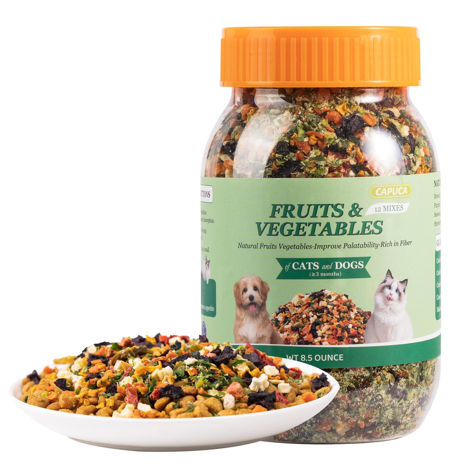 Capuca 12-in-1 toppers sprinkled on kibble to entice picky eaters.