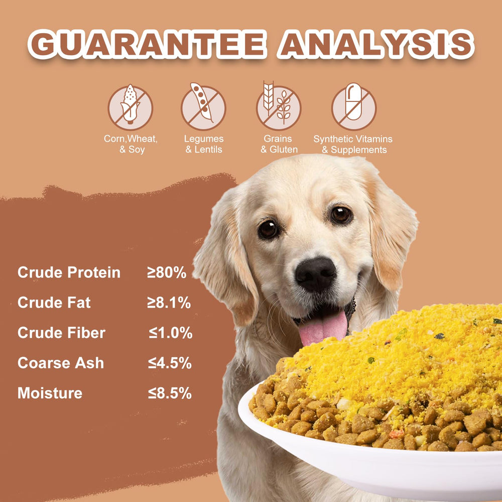 Capuca dog food topping being sprinkled, suggesting a tasty flavor boost