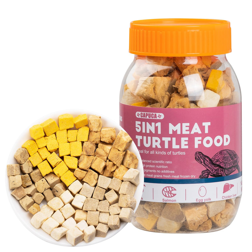 Capuca freeze-dried turtle food jar ready for storage and on-the-go use