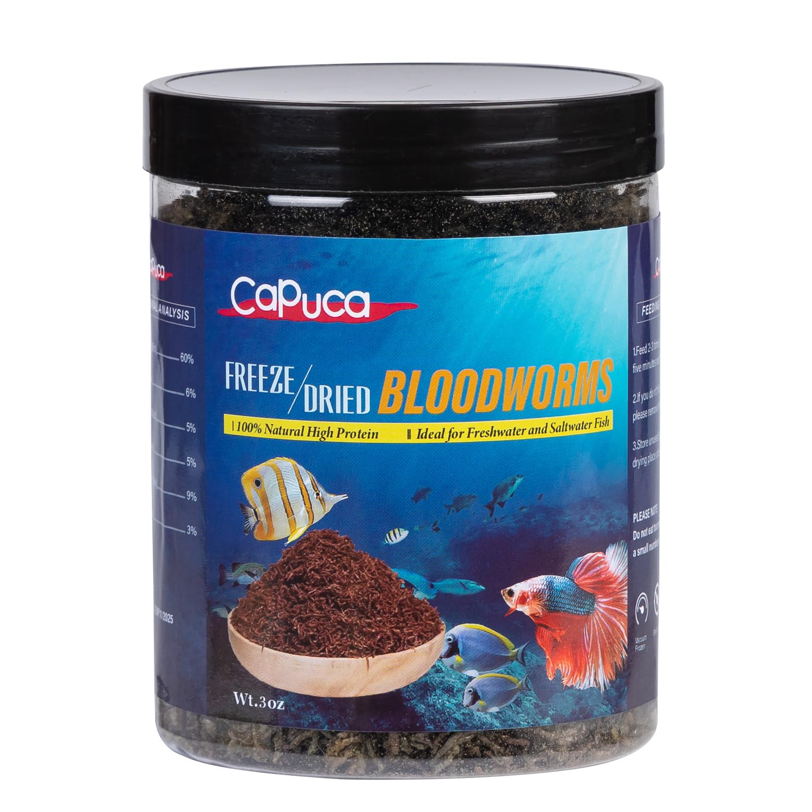 Capuca Freeze Dried Blood Worms bottle shows protein-rich fish treat.