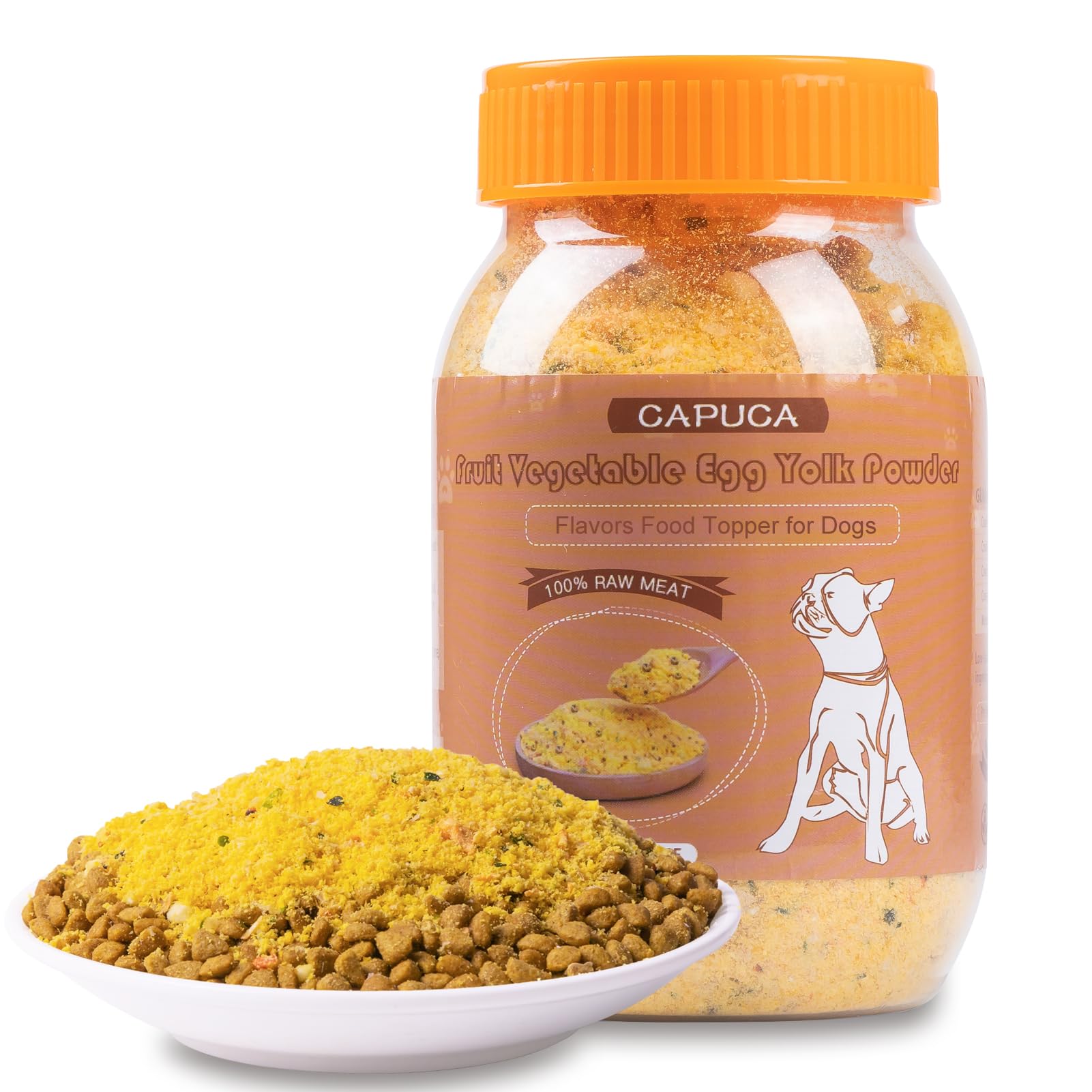 Capuca freeze-dried dog food topper jar showing a convenient resealable container for easy storage