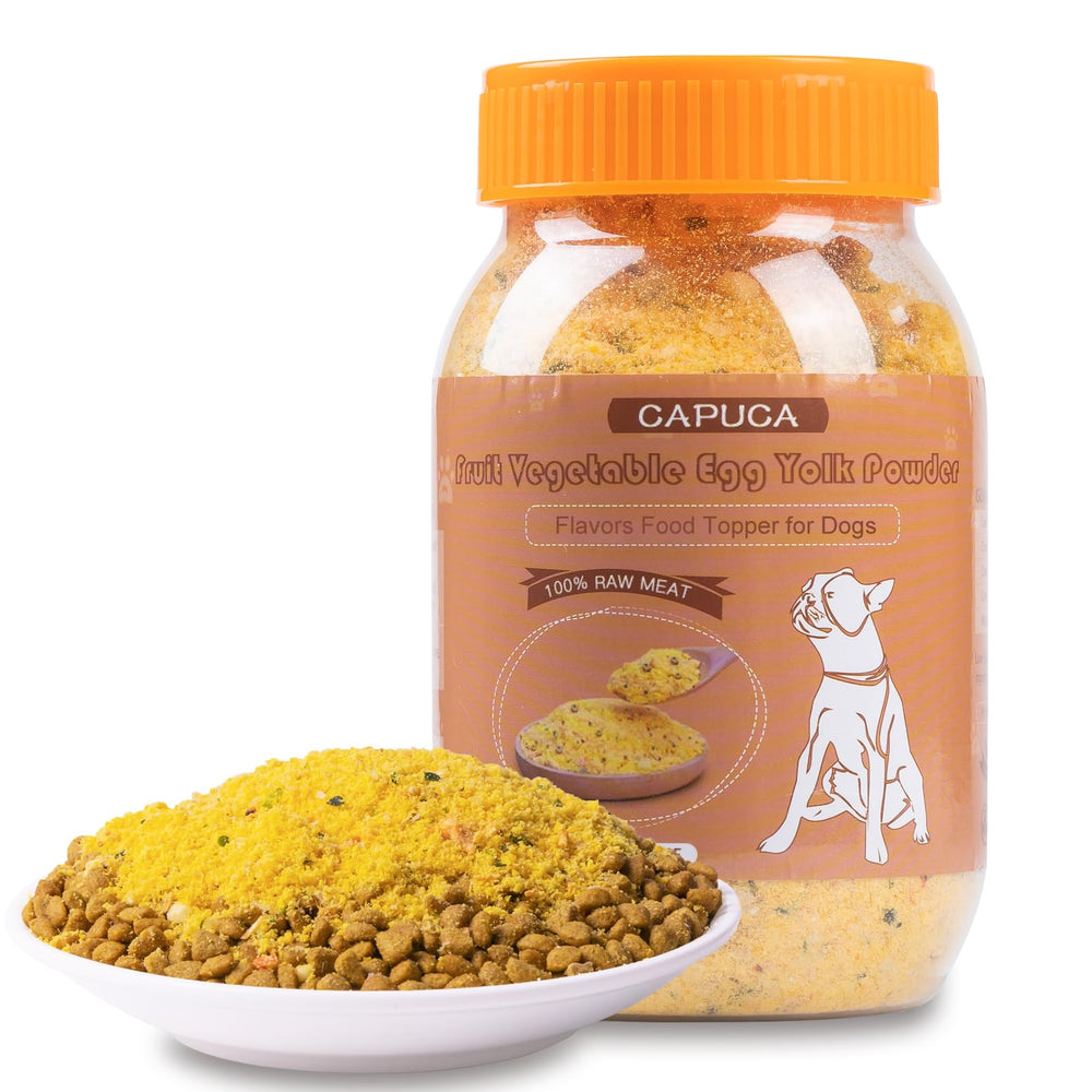 Capuca freeze-dried dog food topper jar showing a convenient resealable container for easy storage