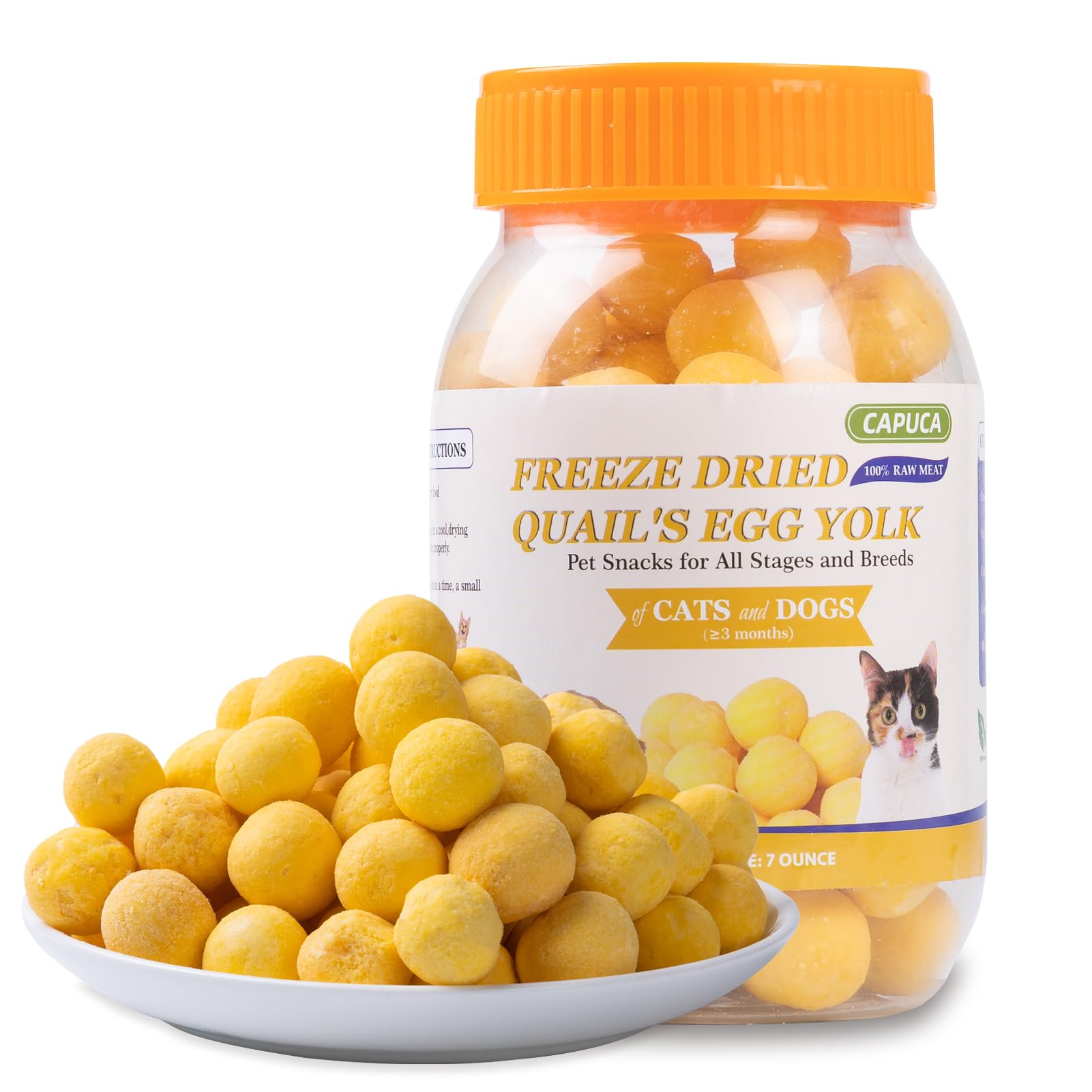 Capuca freeze-dried quail egg yolk treat packaging showing a single-ingredient snack for pets