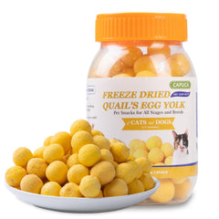 Capuca freeze-dried quail egg yolk treat packaging showing a single-ingredient snack for pets