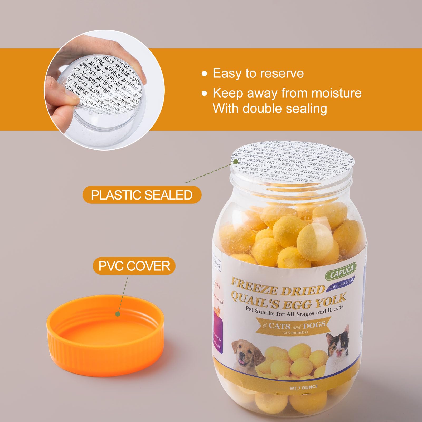 Capuca quail egg yolk treats stored on shelf for long-lasting freshness