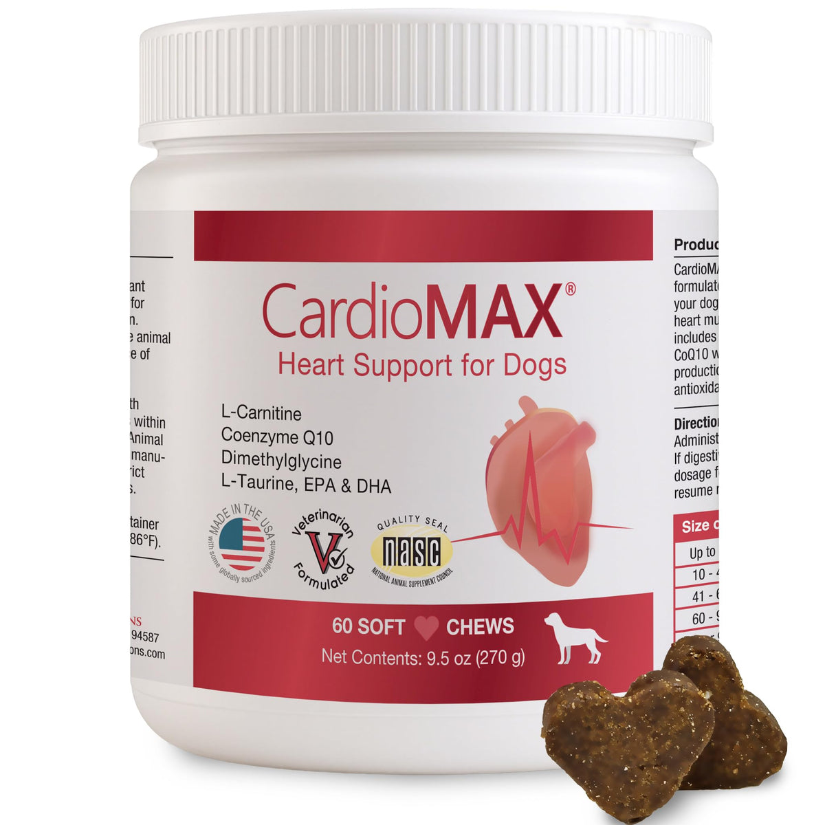 CardioMAX heart support bottle front for dogs promoting heart health.