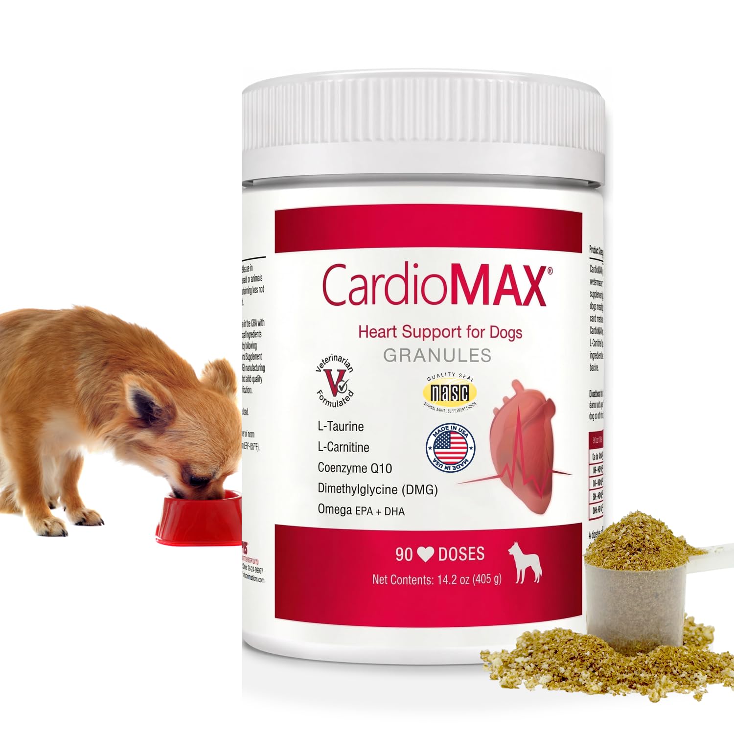 CARDIOMAX Heart Support Granules bottle pour for easy daily dosing.