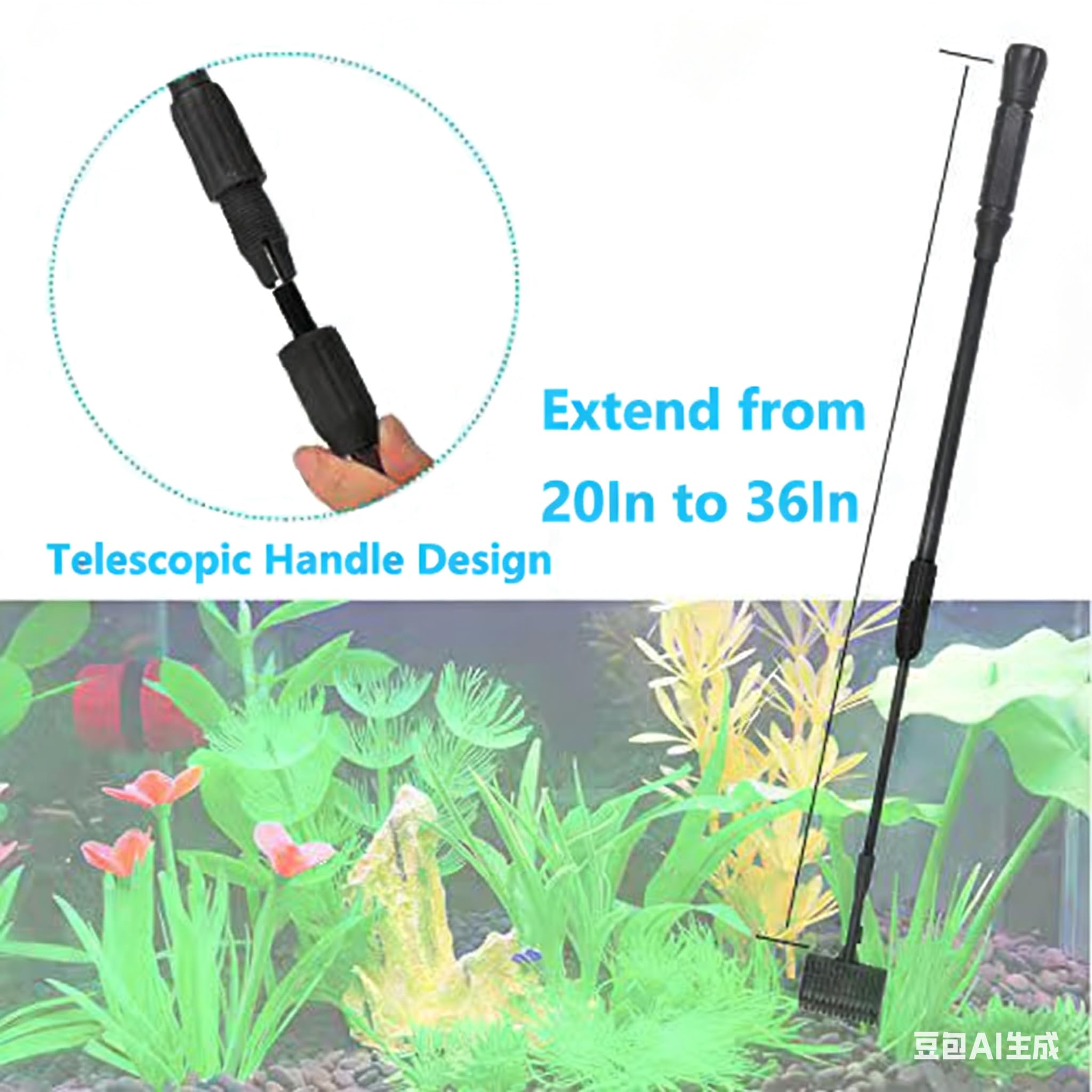 Carefree Fish 6IN1 telescopic handle extends from 20 to 36 inches for depth reach.