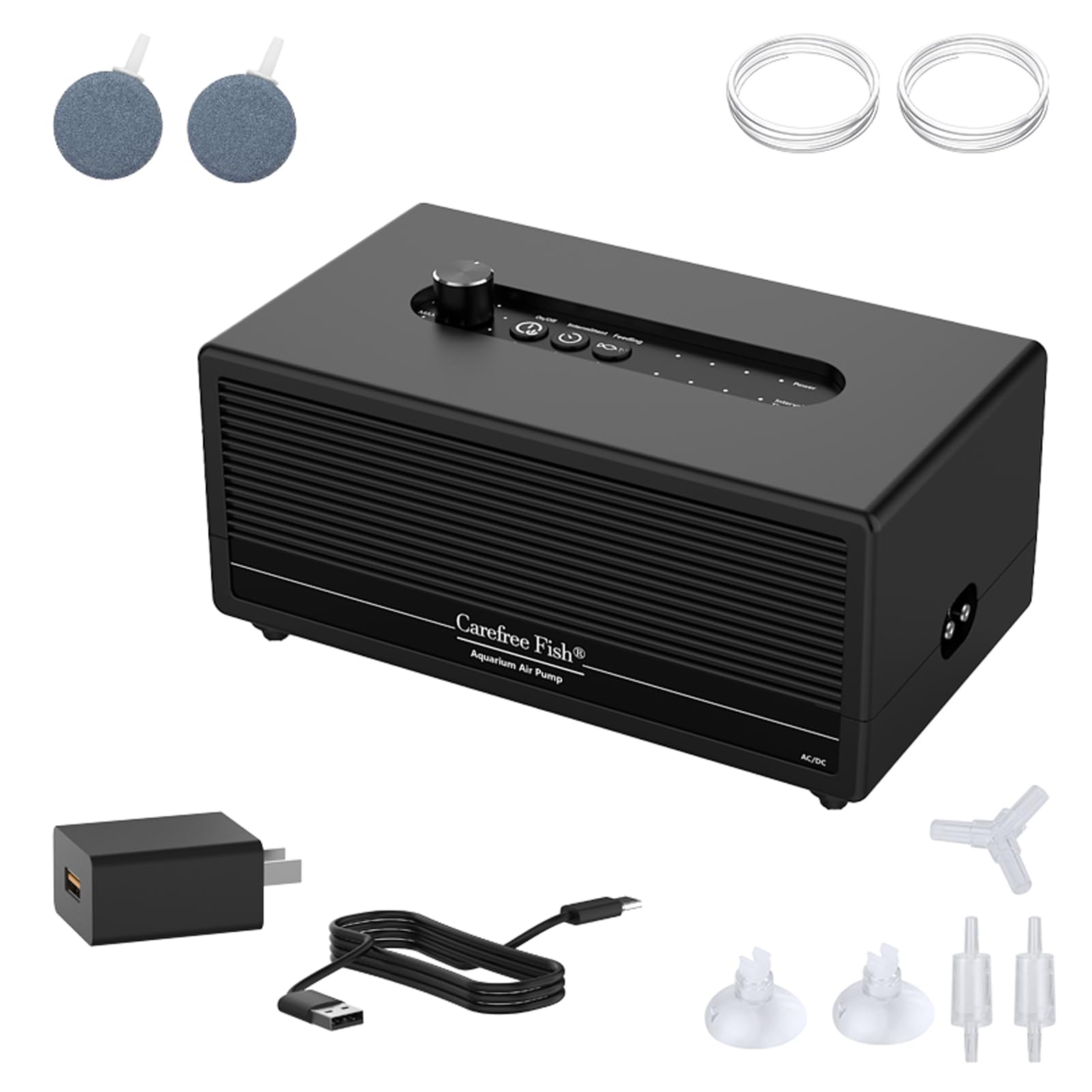 Carefree Fish 6W USB aquarium air pump with quiet airflow.