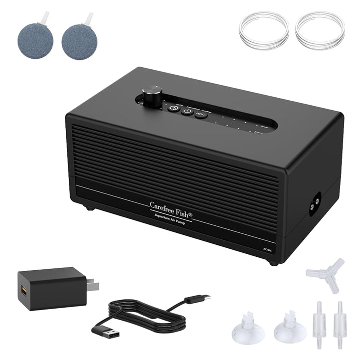 Carefree Fish 6W USB aquarium air pump with quiet airflow.