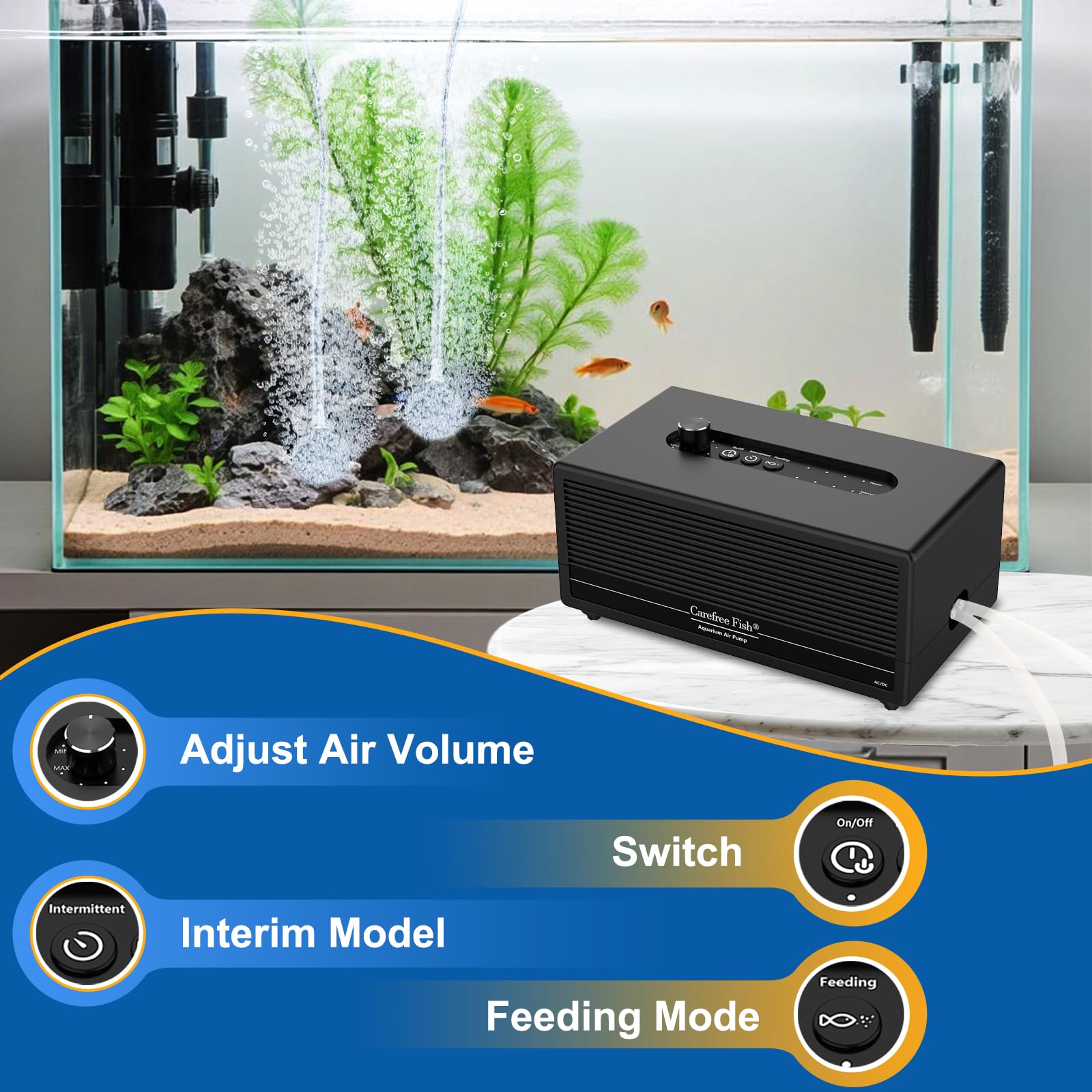 Carefree Fish air pump with dual outlets for flexible aeration.