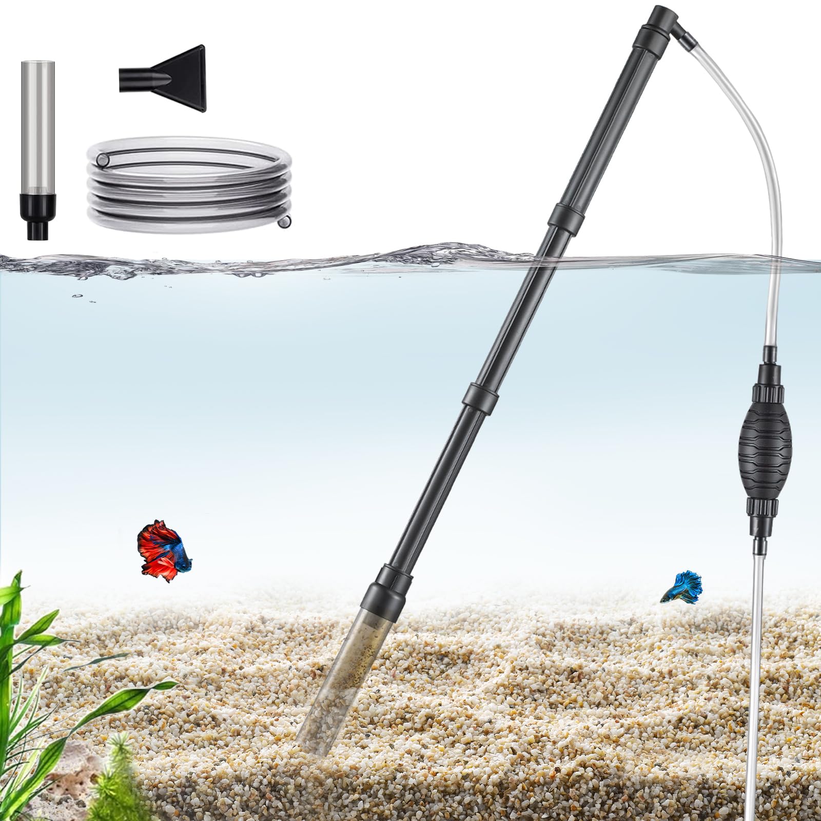 Carefree Fish gravel vacuum with long pipe clears debris in 5–20 gal tanks
