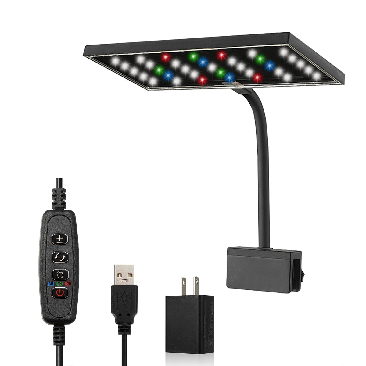 Carefree Fish LED light clip close-up with USB port for easy tank power access.