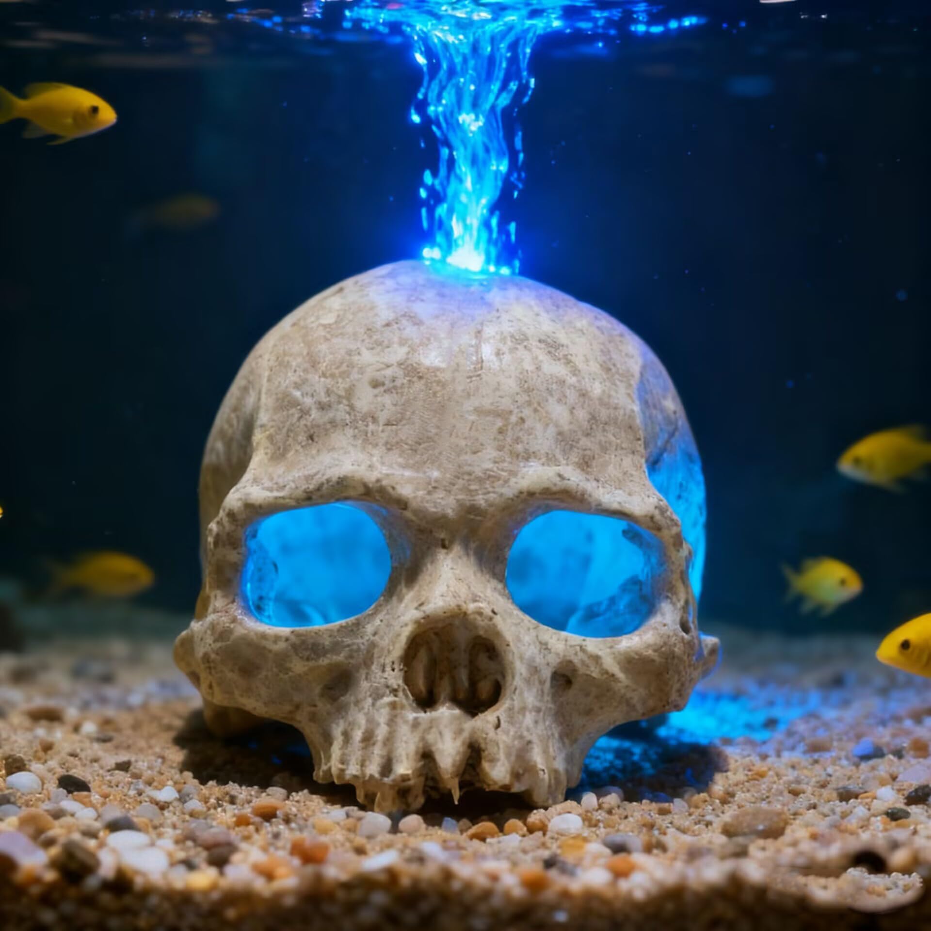 Carefree Fish skull decor doubles as hiding place and Halloween centerpiece.