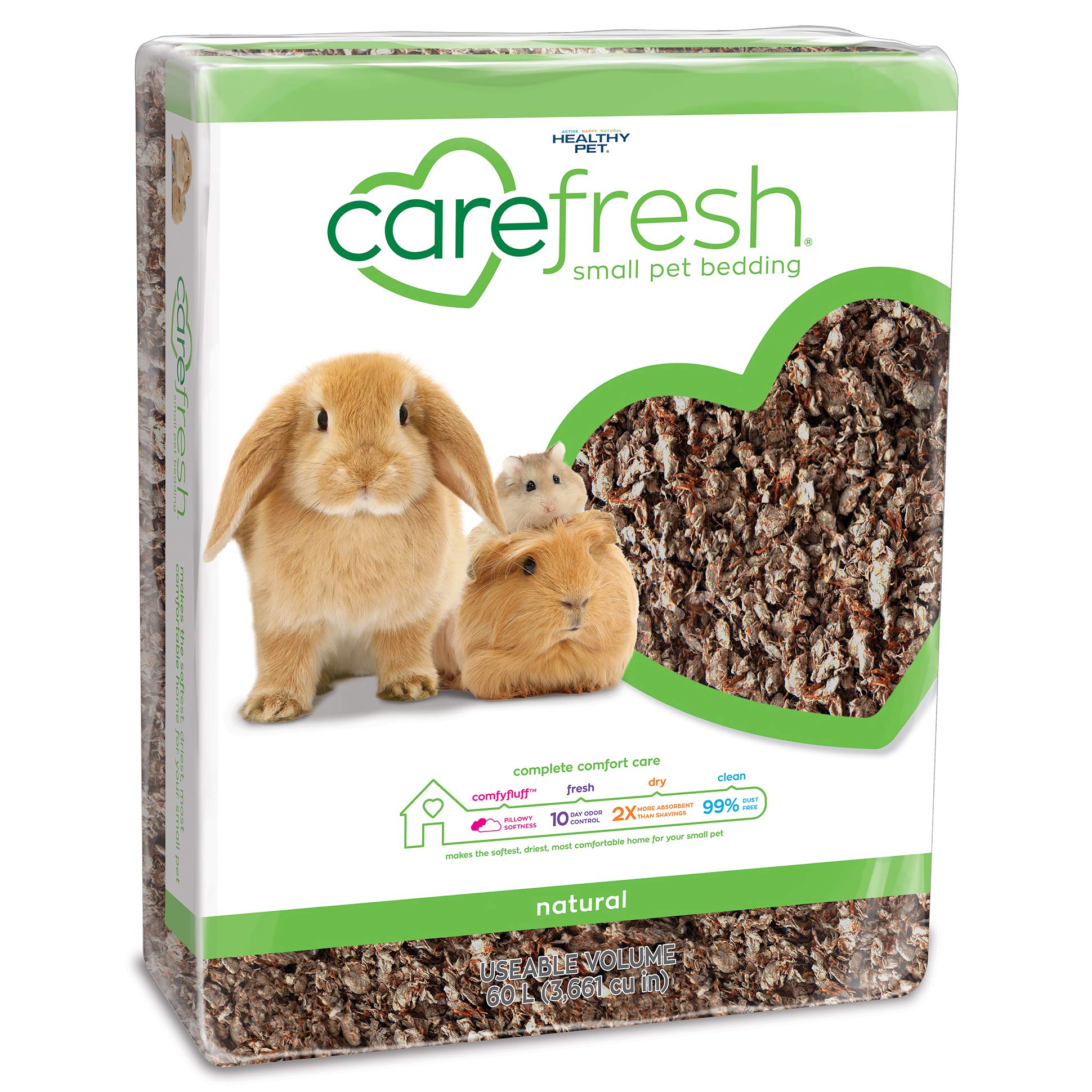 Carefresh 99% dust-free bedding packaging showing easy setup for small pets