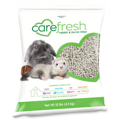 Carefresh Rabbit & Ferret dust-free litter bag close-up, highlighting lightweight, clean formula.