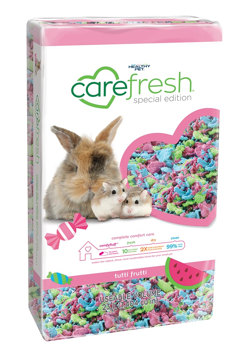 Carefresh Tutti Frutti bedding close-up shows soft fibers ideal for burrowing and nesting