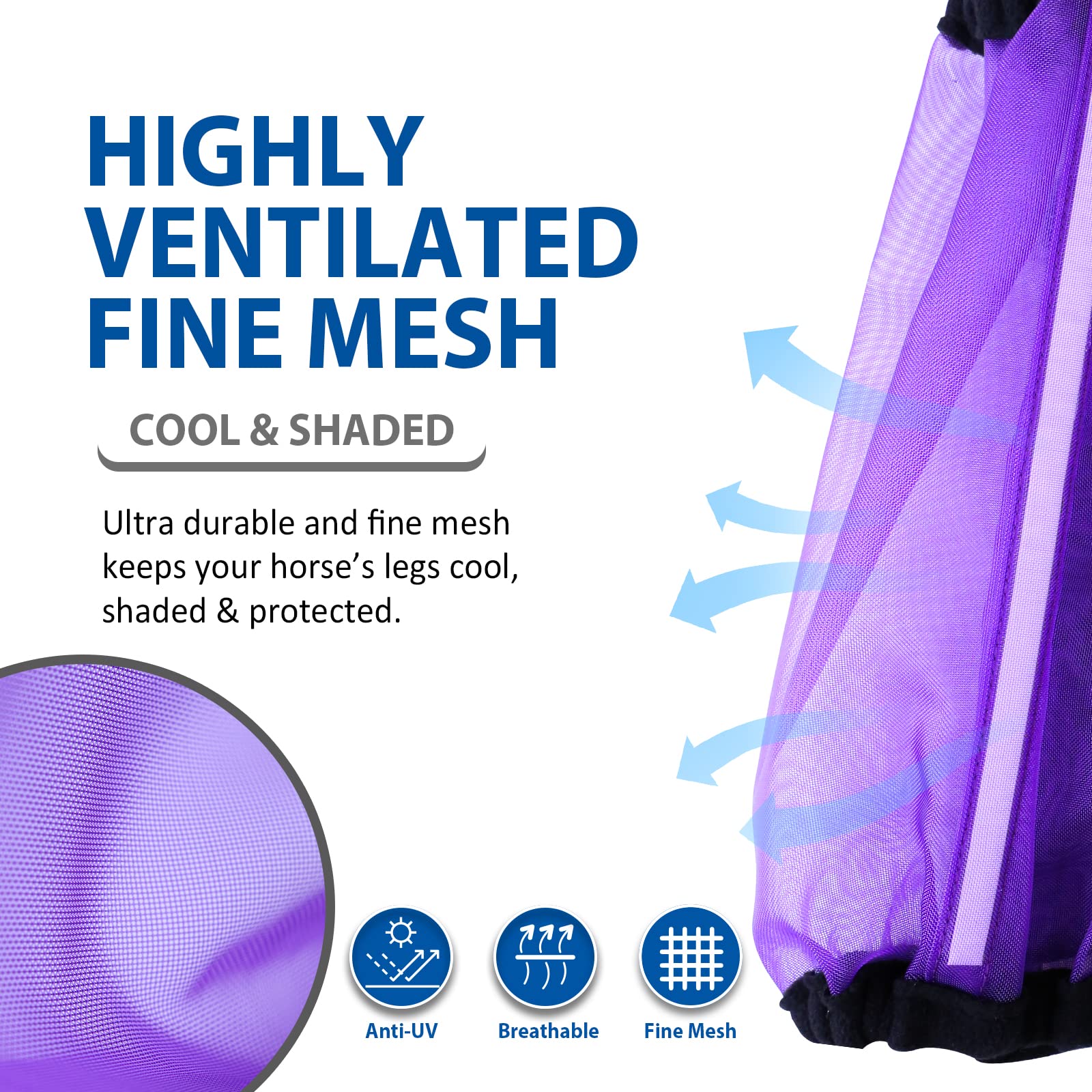 CareMaster purple mesh boot on horse leg demonstrates secure, stable fit