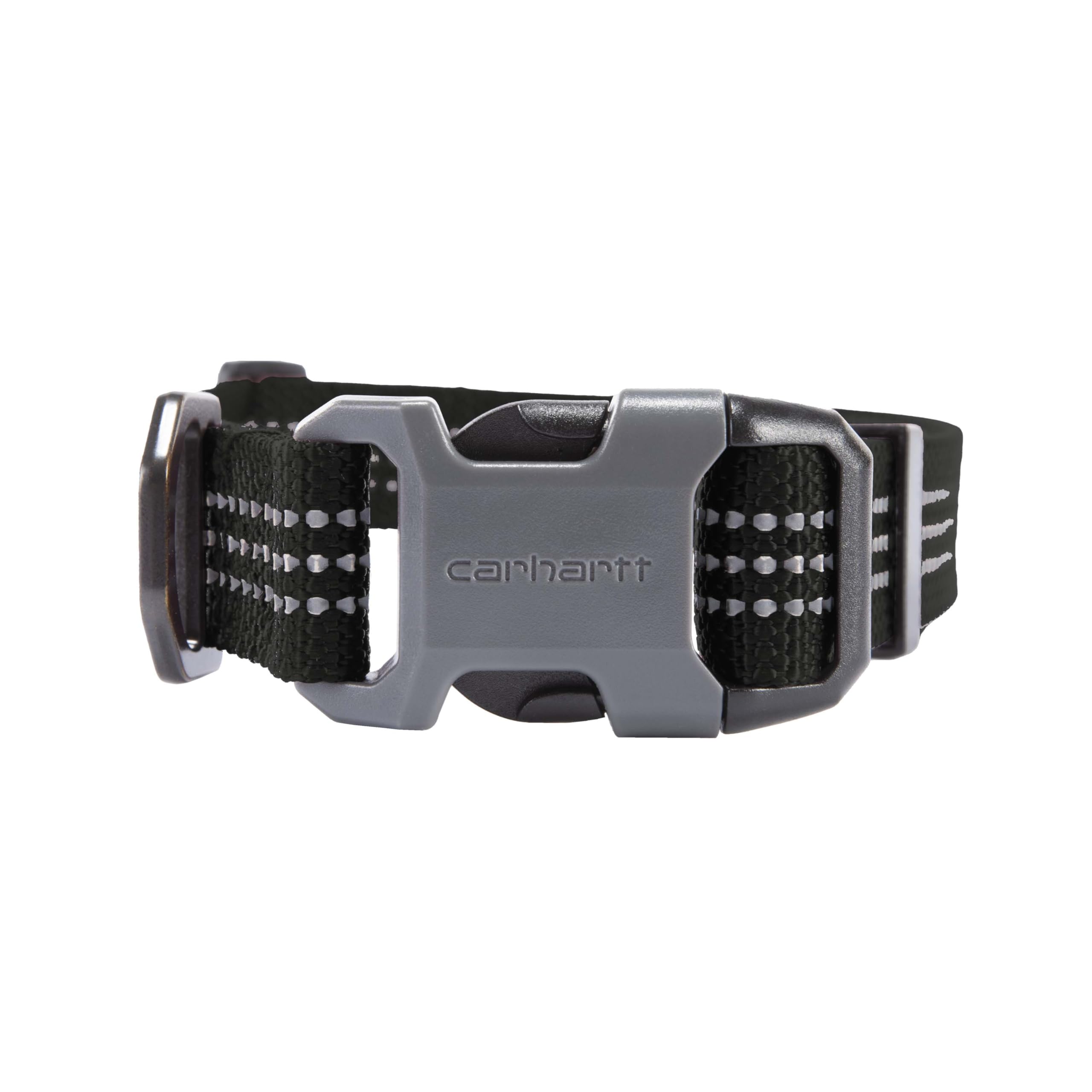 Carhartt dog collar reflective stitching closeup for safer walks at dawn or dusk.