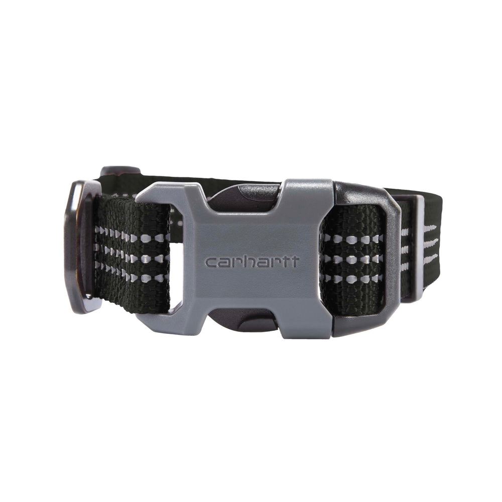 Carhartt dog collar reflective stitching closeup for safer walks at dawn or dusk.