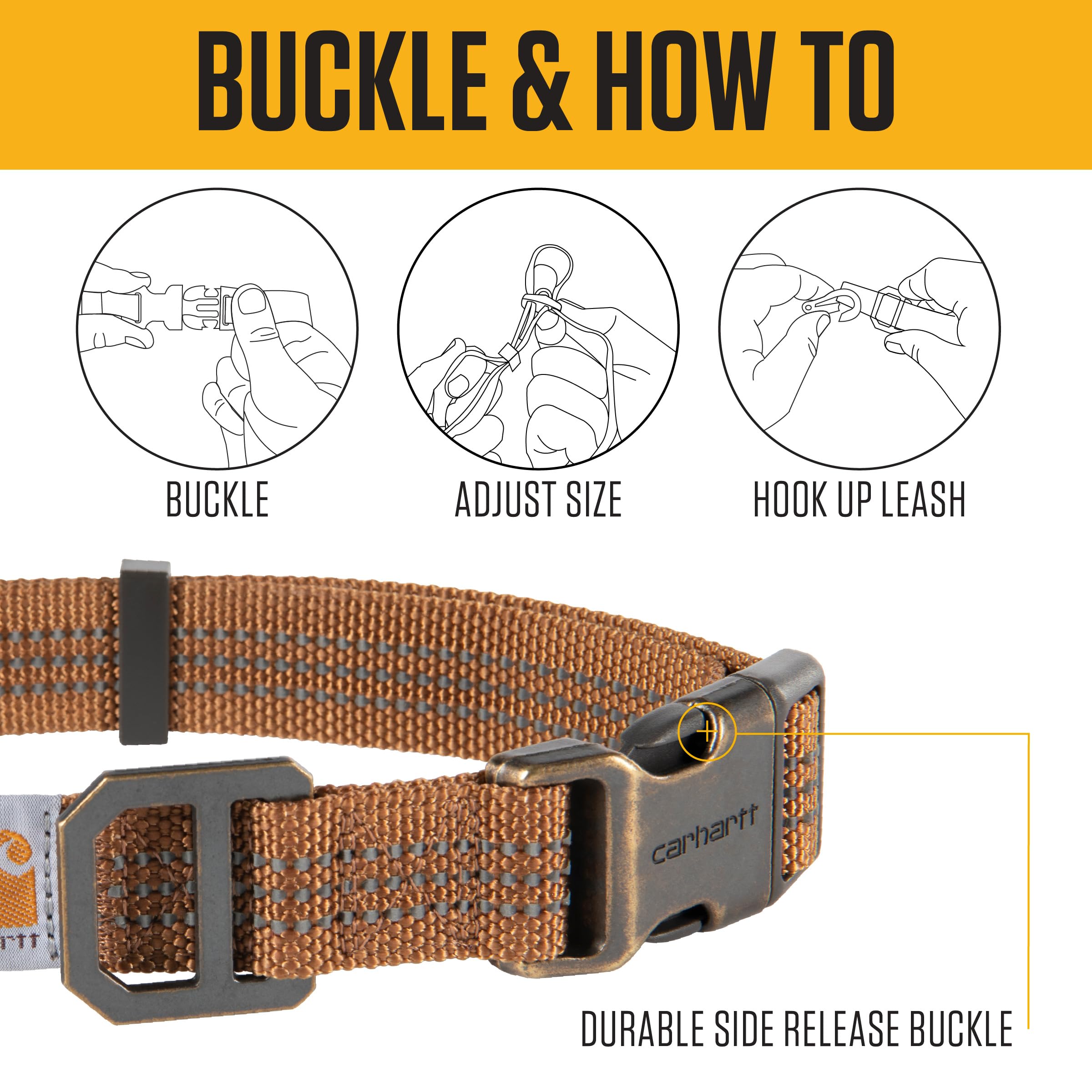 Durable side-release buckle on Carhartt collar for quick on/off.