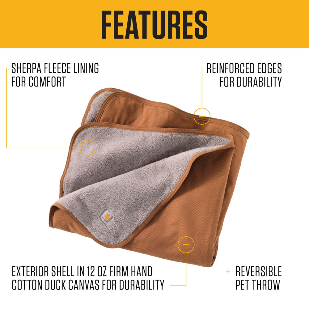 Carhartt Firm Duck Sherpa-Lined Blanket, reversible setup on a bed for dual use.