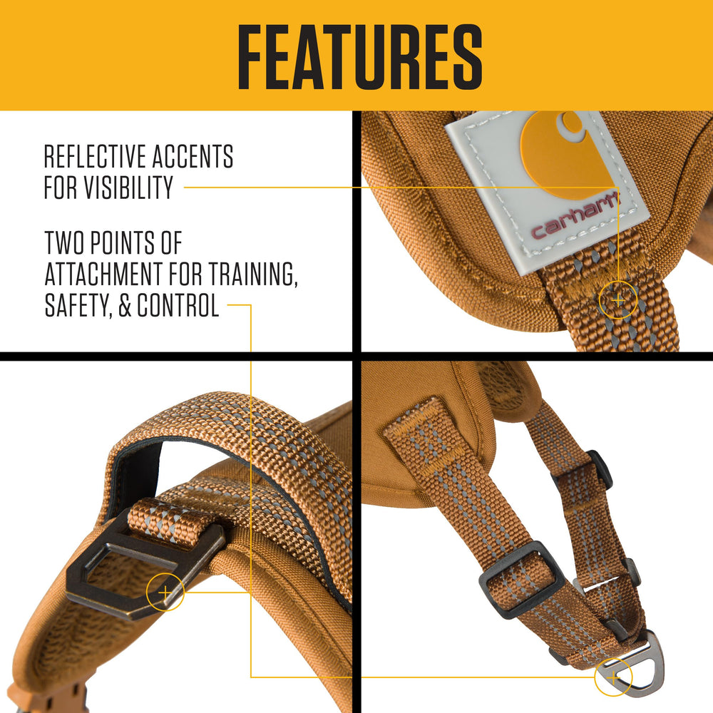 Reflective stitching detail on Carhartt harness improves visibility at dusk.