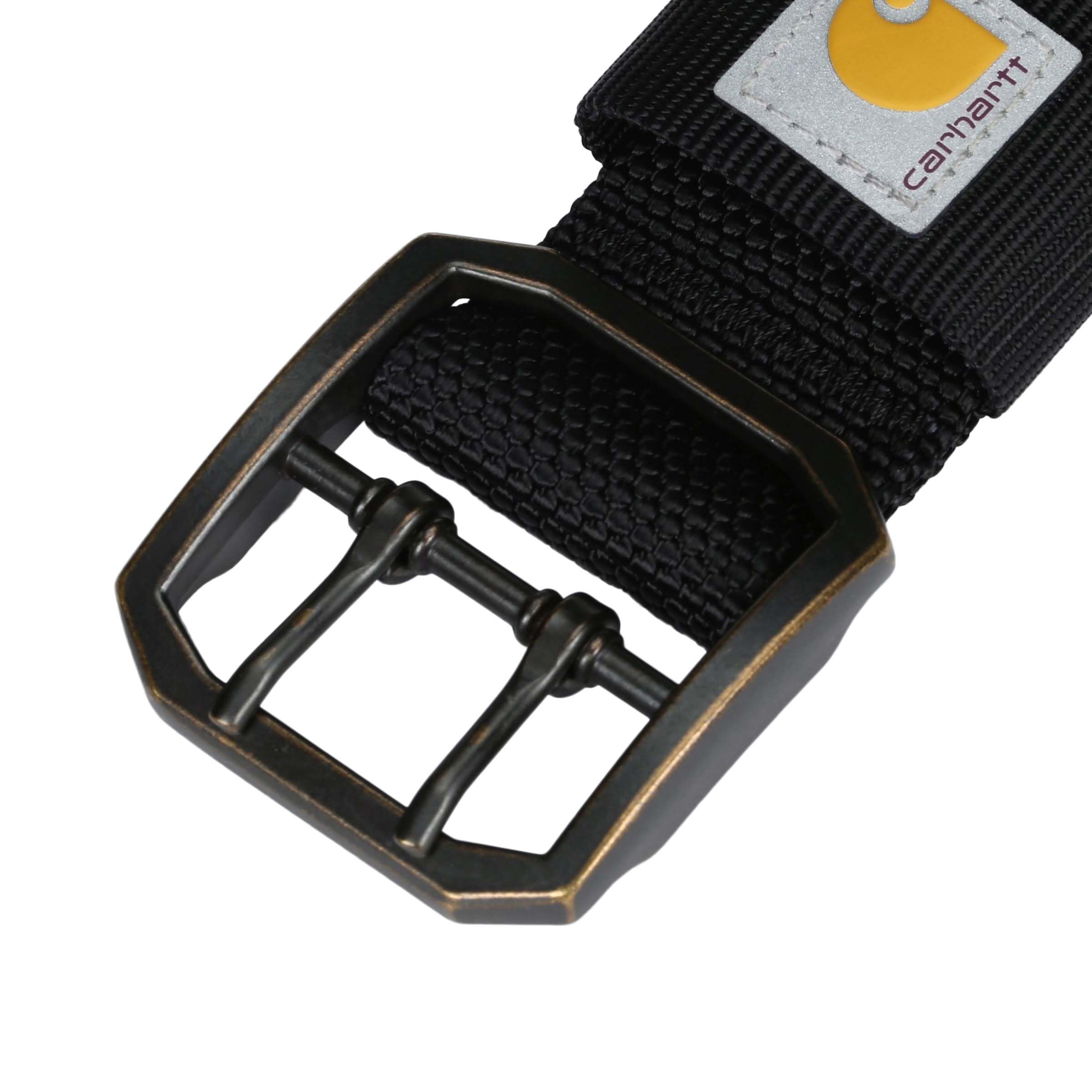 Close-up of double-pronged buckle on Carhartt collar for secure fit during pulls