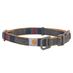 Carhartt pet collar closeup shows durable duck canvas and rugged stitching.