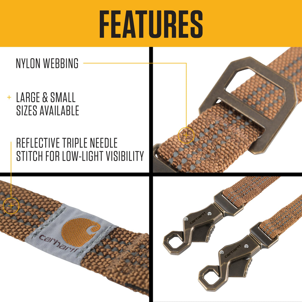 Carhartt leash shows rugged flat-nylon webbing for durable everyday use.