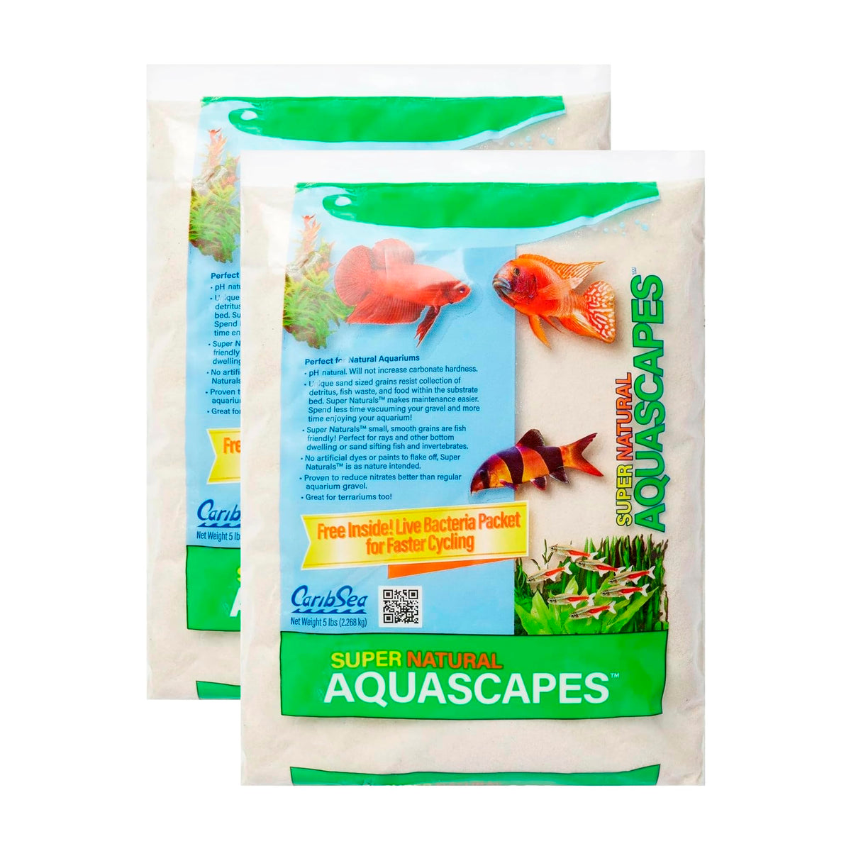 Carib Sea Moonlight Sand pack two 5 lb bags creates eye-catching contrast in freshwater tanks.