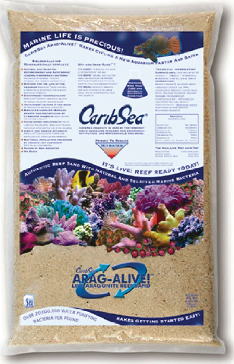 CaribSea Arag-Alive special-grade reef sand in Bahamas oolite enhances biological filtration.