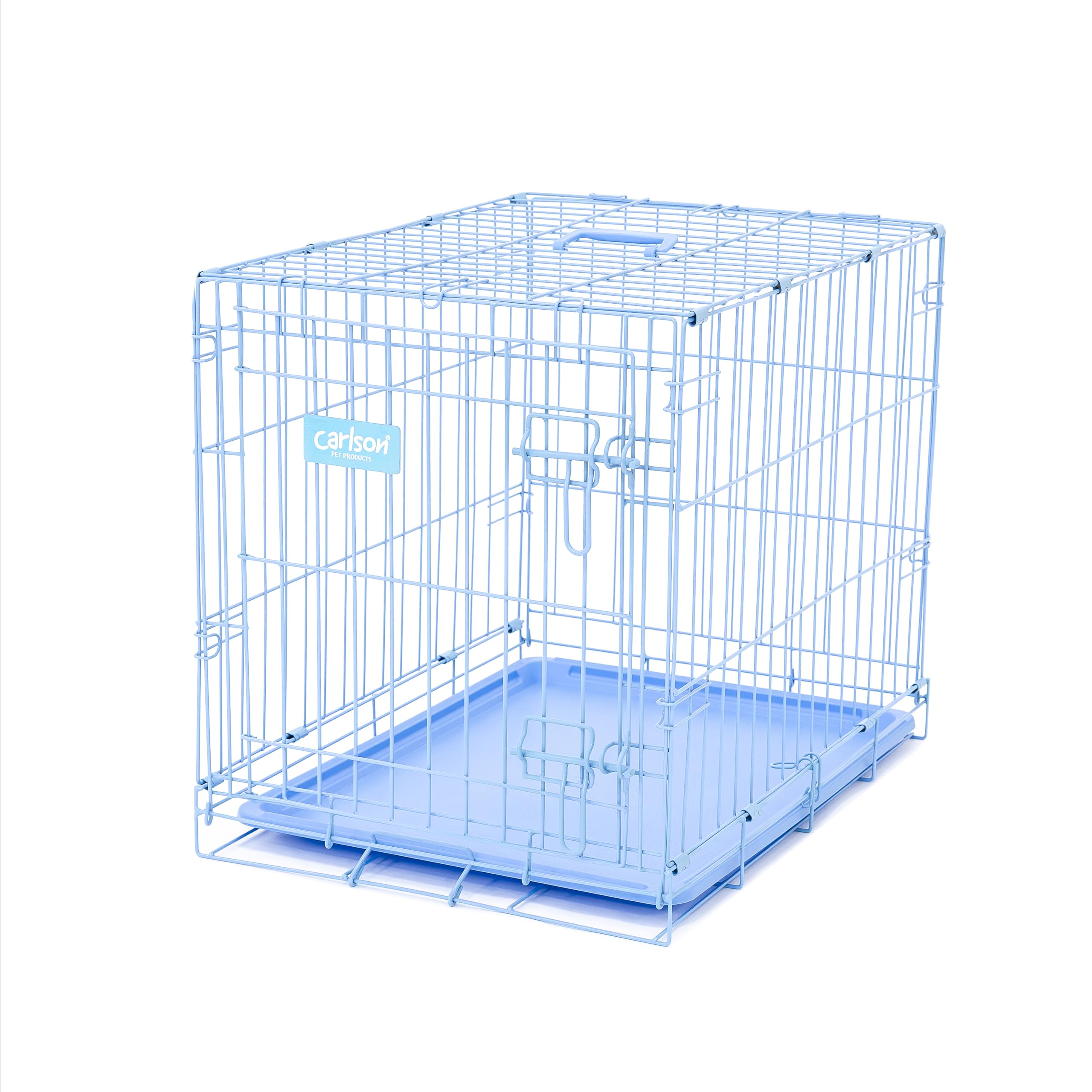 Carlson crate ready for car travel with secure latch and light frame.