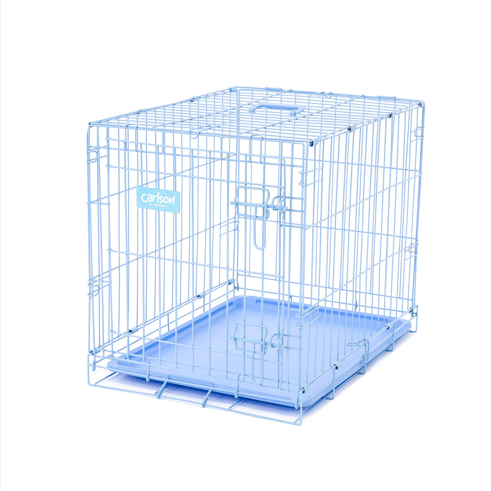 Carlson crate ready for car travel with secure latch and light frame.