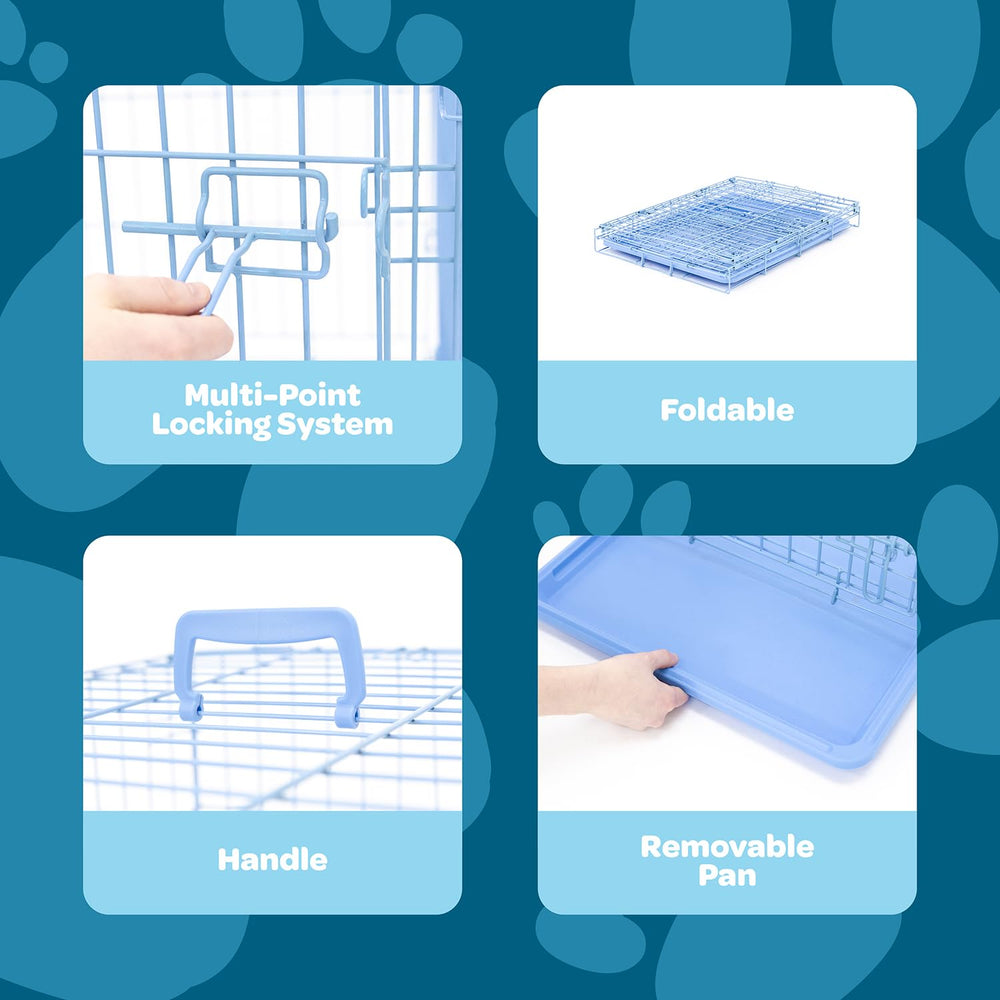 Carlson crate interior with blue removable washout pan for quick cleaning.