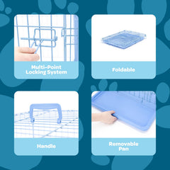 Carlson crate interior with blue removable washout pan for quick cleaning.