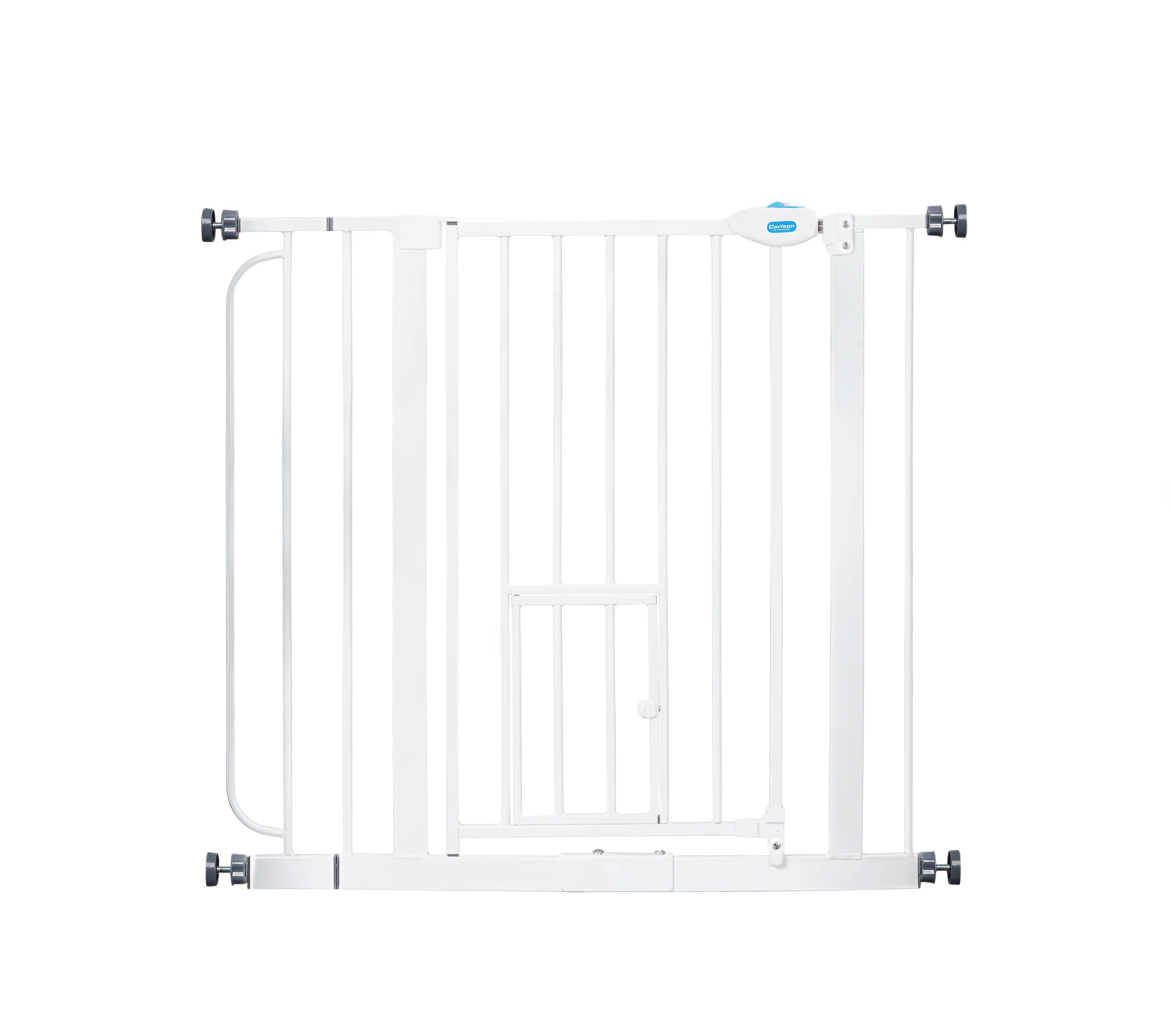 Carlson pet gate front view demonstrates adjustable doorway barrier for wide openings