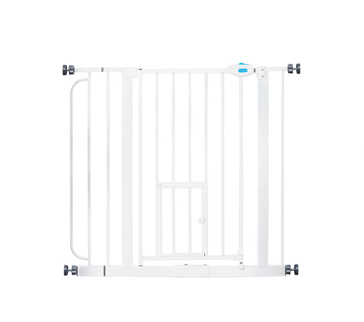 Carlson pet gate front view demonstrates adjustable doorway barrier for wide openings