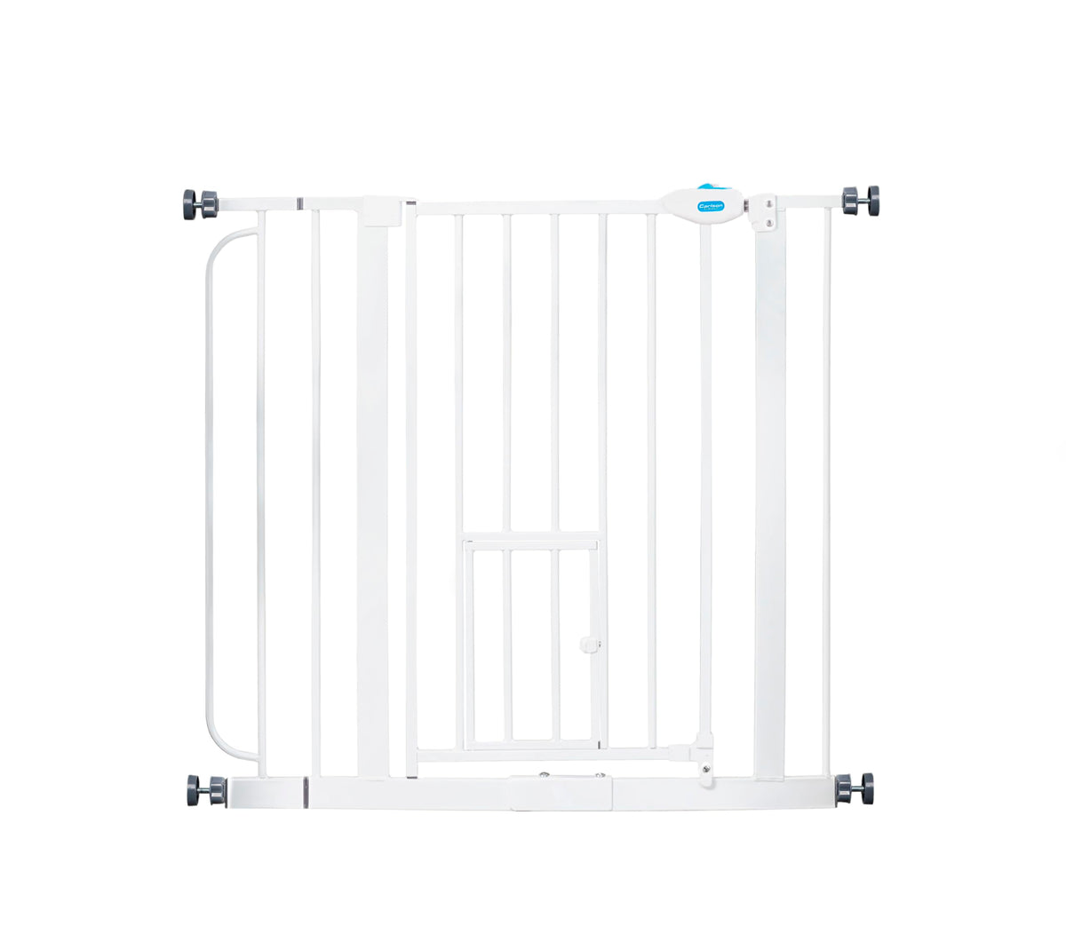 Carlson pet gate front view demonstrates adjustable doorway barrier for wide openings